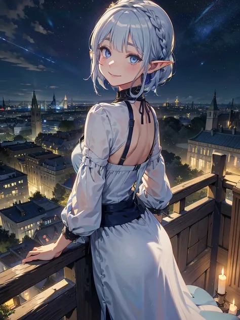 the cathedral is in the background、medieval cityscape at night,　stars shining、wide road、pointed ears、elf、blue eyes、green dress、l...