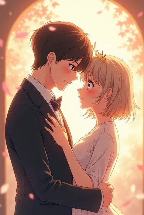 A girl anime with short hair 
 crowning to a husband handsome man anime