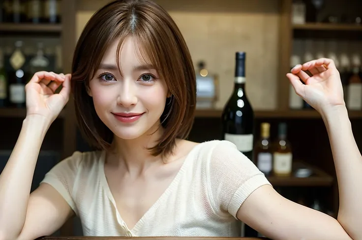 8k,Brown short hair,The best smile、Happy Smile、3、Age 34、Japanese actress,Super Beauty(Like the real thing),Short sleeve dress,Whiskey bottles、The Macallan、Johnnie Walker、、Old Parr、whiskey、Suntory、Nikka、Slim couple、Model Couple、(Realistic, Intricate details...