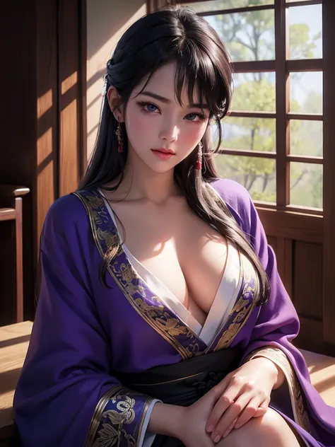 girl, Wearing purple and black robes, Chinese style建物の中に建っている. [Beautiful attention to detail,Beautiful lip detail,Very detailed目と顔,Long eyelashes] [Traditional,eastern,Chinese style] [Complex Pattern,Ornate sculpture,Elaborate decoration] [Highest quality...