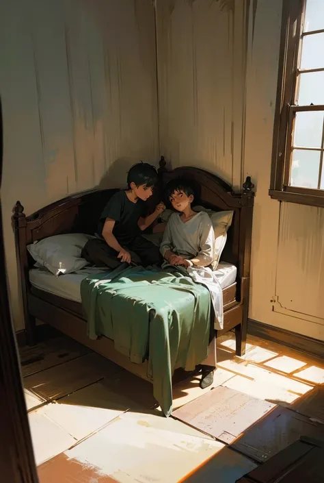 A dramatic scene, two young brothers sitting on an old bed in a sparse, dimly lit room, one brother holding a bird in his hands, moonlight from the window casting shadows on the wall, cold and gloomy atmosphere, old Soviet-era furniture, abandoned children...