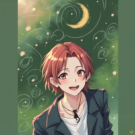 High Resolution, Abstract Expressionism, Red Hair, Short Hair, Smile, Cat Necklace, Anime Style, Moon Night