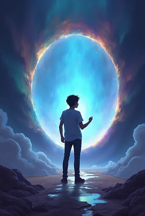 A shot of Alex standing in front of a glowing portal or gateway, with a curious expression. The portal is emitting a bright, pulsing light, and the background is a swirling mix of colors, hinting at another world or dimension. Alexs hand is reaching out, a...