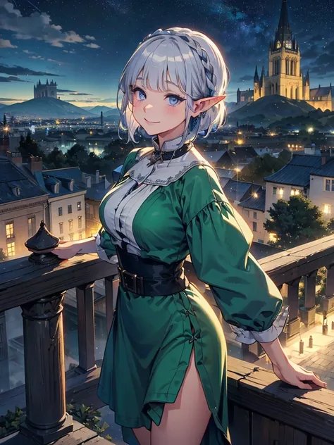 I can see a big mountain in the distance、The cathedral is in the background、Medieval cityscape at night,　Stars Shining、Wide Road、Pointed Ears、Elf、blue eyes、Green Dress、Long eyelashes、Silver braided short hair。Turn around with a smile、Overlooking the city f...