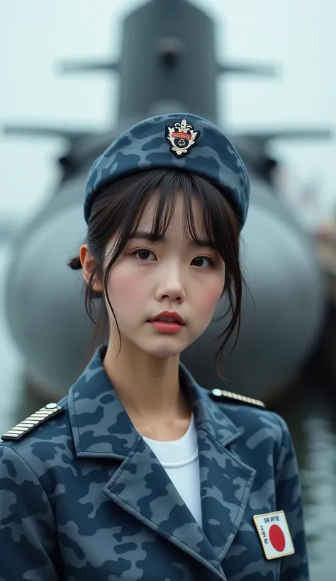 documentary photo, Photo-realistic, ultra-realistic, (very beautiful Japanese, her beautiful face is looks like a famous Japanese idol:1.3), (super cute face like an idol), (submarine crew of Japan navy), wearing a Blue-gray camouflage patterned submarine ...