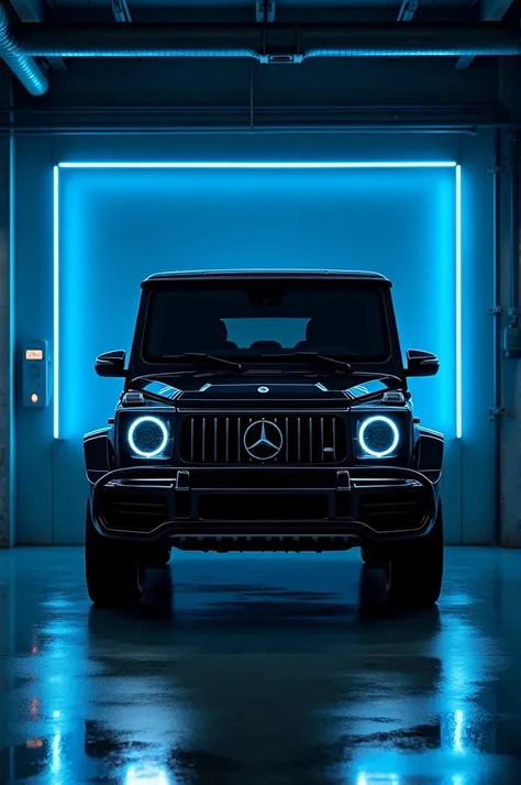 Black G-wagon on parking lights in garage with blue neon lights at night 