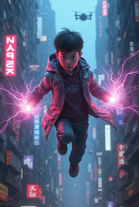 Cyberpunk boy magic power and flying 