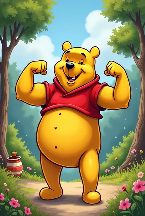 Winnie the Pooh showing muscle cartoon style
