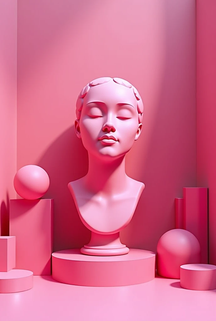 Perfect 3d render of a human bust in a pink color stage design, table decoration with 3d shapes, 3d rendering, c4d, Bauhaus style design, vibrant stage background, symmetrical composition