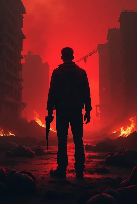 A silhouette of a man holding a lolipop in one hand and gun in the other face his back to the camera and a pile of dead bodies can be seen lying down behind and the whole environment is blood red and hints of destroyed under-construction buildings are seen...