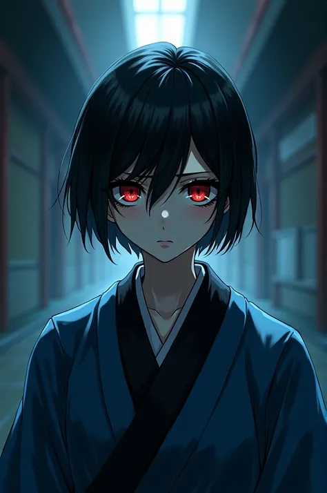 A psychopathic anime killer with short black hair and red eyes wearing a blue and black Akutagawa style kimono 