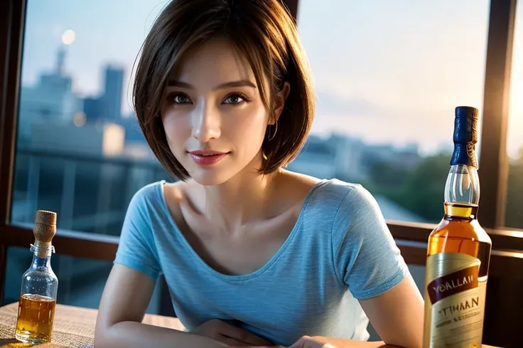 8k,Brown short hair,The best smile、30 years old、3、Japanese actress,Super Beauty(Like the real thing),Short sleeve dress,Whiskey bottles、The Macallan、Johnnie Walker、、Old Parr、whiskey、Suntory、Nikka、Slim couple、Model Couple、(Realistic, Intricate details:1.2),...