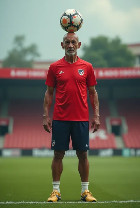 Realistic pictures. An Indonesian man, 60 years old, truly bald, slim body as well as soccer player, training soccer in red jersey and gold soccer shoes. He is on the mini stadium and the ball on his head, trying to keep the ball on his head as long as he ...