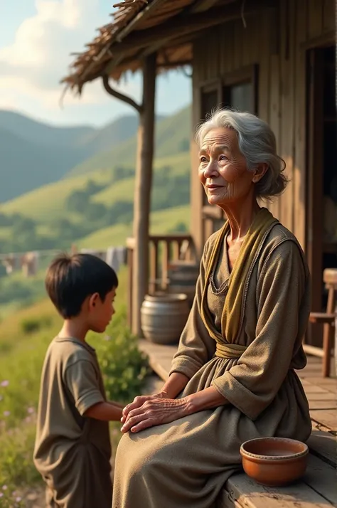 make 3d An elderly woman, dressed in simple village clothing, sitting on the porch of a humble house, lovingly watching over her son