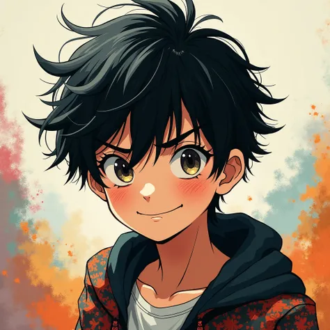 High Resolution, Super Detailed, Boy, Short Hair, Black Hair, Messy Hair, Smirk, Drop Shadow, Abstract Expressionism, Anime Style, 