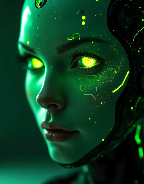 Green glowing face of a man with glowing eyes, detailed light up head, Cyber Song Collection, Cybernetic glow, Humanoid Face, Detailed android face, Шодан из System Shock 2, Cyberface, The Face of Cyberpunk, green face, android portrait, Sci-fi Face, Sci-f...