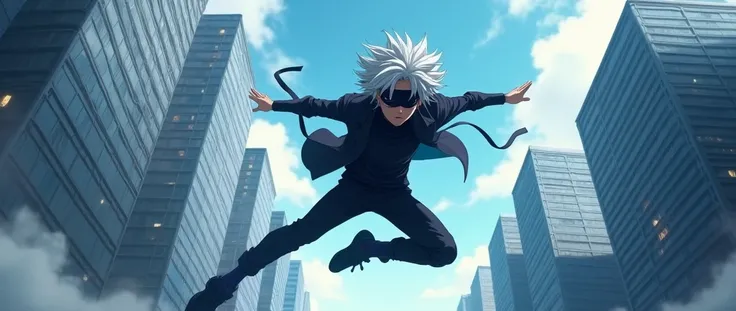 Masterpiece, HRD, 8k , Realistic,A handsome teenage boy jumping over buildings ,all black outfit ,blindfold, white hairs ,no beard, anime ,blue superpowers 