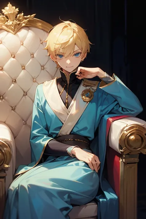 1boy, blonde short hair, blue eyes, prince clothes, teenage, arrogant smile, sitting of a throne