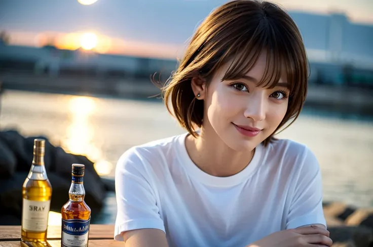 8k,Brown short hair,The best smile、Japanese actress,Super Beauty(Like the real thing),Short sleeve dress,Whiskey bottles、The Macallan、Johnnie Walker、、Old Parr、whiskey、Suntory、Nikka、Slim couple、Model Couple、(Realistic, Intricate details:1.2), full-course di...