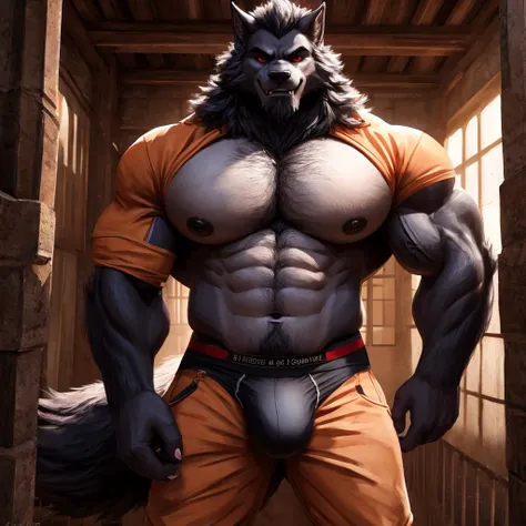 ((أفضل جودة)), ((تحفة)), (مفصلة للغاية), ((4K)).

Bara, anthromorphic, werewolf,dilf, father, black fur, red eyes,muscular, very fat,solo focus, prisoner uniform, chest hair ,briefs, bulge, long fluffy tail, huge pecs, standing, tattoo on the full arm,conf...