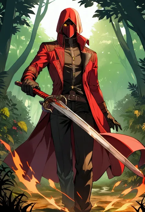 dante, Devil May cry, next to a lagoon in the middle of the forest, wielding his sword