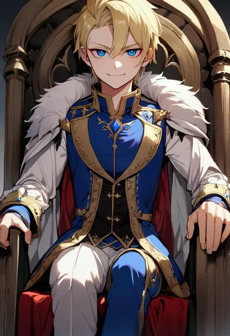 1boy, blonde short hair, blue eyes, prince clothes, teenage, arrogant smile, sitting of a throne