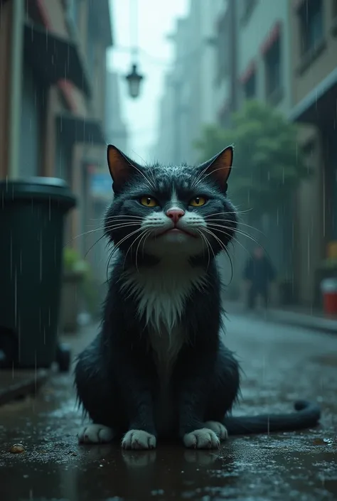 "The AI cat is suffering from problems, standing on the ground with wet fur, He has a painful expression on his face, tears flow from his eyes. The cat is crying. His face is distorted、It looks like hes on the verge of collapse.The background is a dimly li...