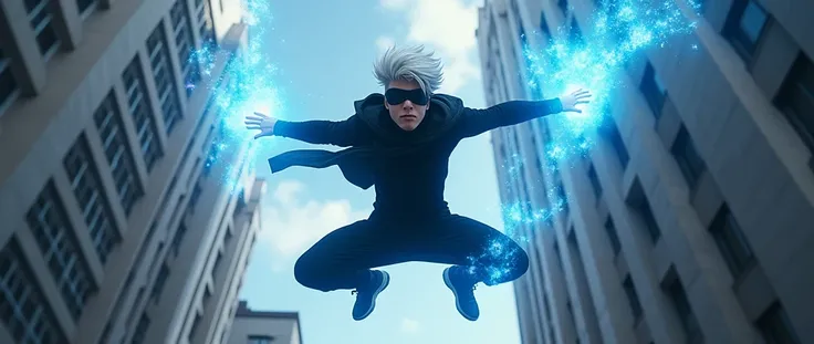 Masterpiece, HRD, 8k , Realistic,A handsome teenage boy jumping over buildings ,all black outfit ,blindfold, white hairs ,no beard ,blue superpowers 