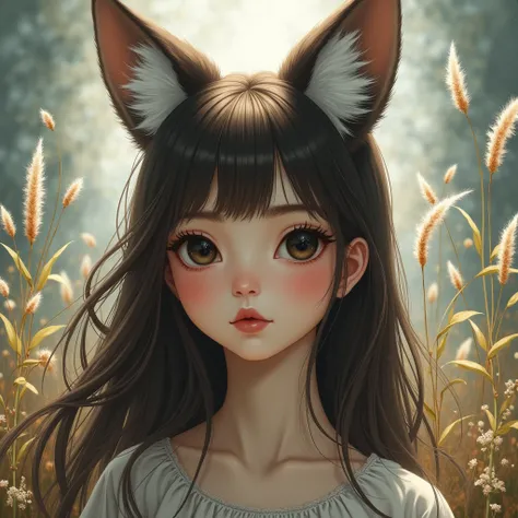 One girl, Brown Hair, Gaze, Fox Ears, High resolution, 最high quality, masterpiece, High-resolution model, high quality, Big black eyes,Silver and silver pampas grass background,Signs of autumn