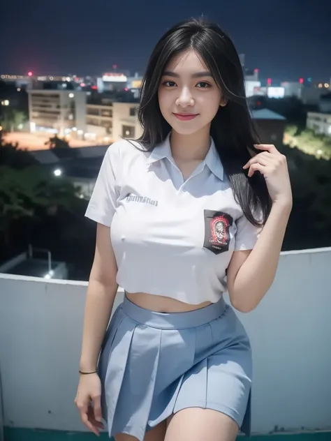 1girl, solo, 1 girl, (Indonesian_high_school_uniform), standing, outdoors, night view, detailed Metropolitan city at the background, (Overhead view:1.35), (zoom out: 1.1), detailed face, cute little smile, detailed eyes, thick breasts, six pack abs, smooth...