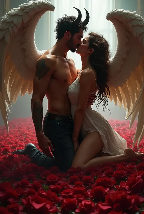 A demon boy and an angel girl kissing passionately covered in blood on a bed covered in red petals