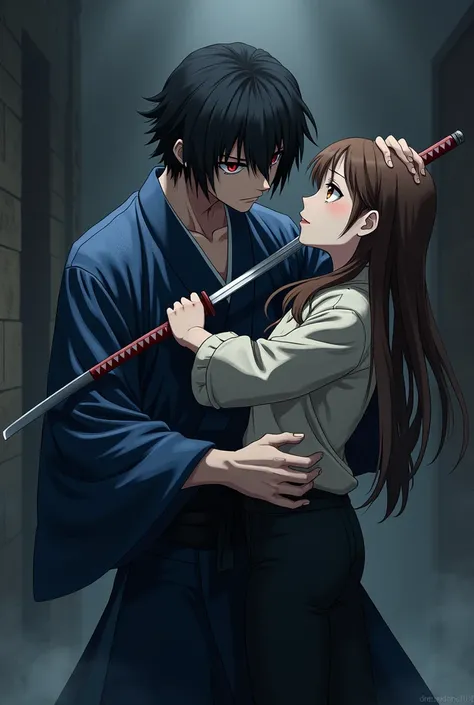 A psychopathic anime killer with short black hair and red eyes wearing a blue and black Akutagawa-style kimono who is saving a girl with long brown hair and brown eyes wearing a white shirt and a beysh-colored top with black pants but who is being pierced ...