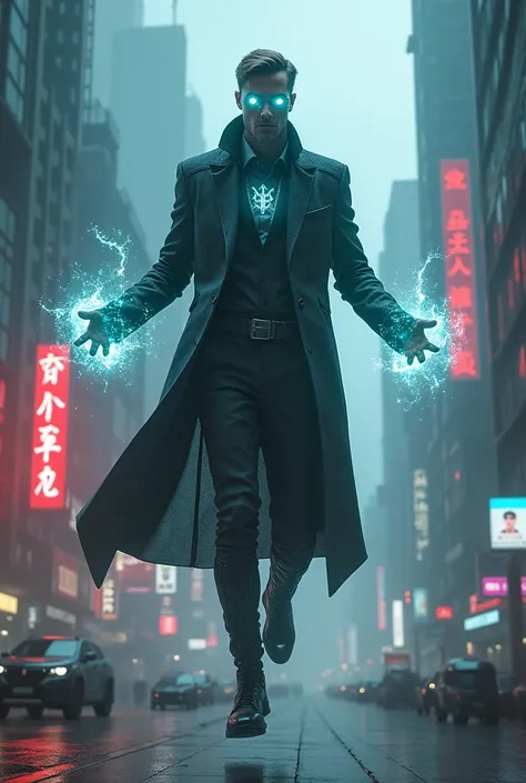 Cyberpunk man magic power and flying 