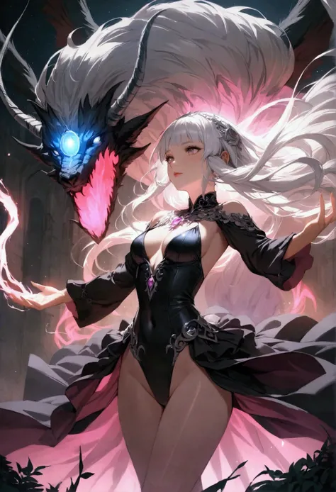 Teenage Witch Girl， smooth silver hair,High resolution、leotard、Summoning a summoned beast