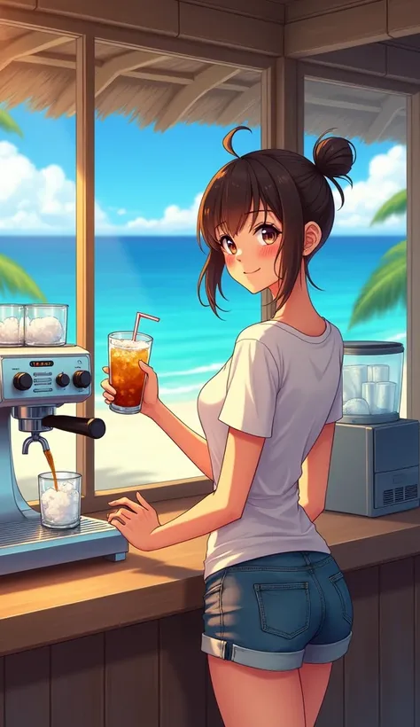 Anime style, small coffee shop on the beach, ice caffee, sexy woman barista make coffee, suny beach, shorts, shirt t-shirt, shaved hair above the ear, pressure coffee machine, shelves with glasses, ice maker, High Resolution, Masterpiece, Super Detailed, S...