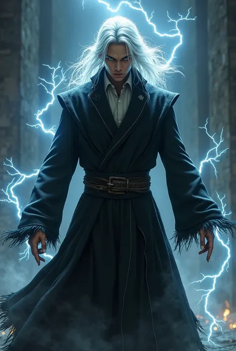 young man with white long hair wearing a menacing black wizard clothing with long tattered cape torn at the bottom and have electrical currents around him