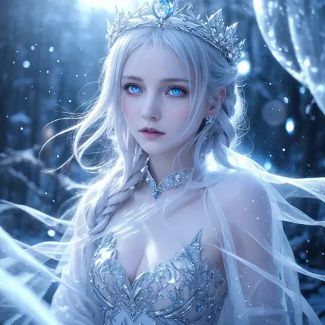 delicate ethereal fae girl, hourglass figure, snow white skin, piercing blue eyes, flowing silver hair, detailed intricate crown, glowing magical aura, power of snow, winter fantasy, snowflakes, crystalline ice, photorealistic, cinematic lighting, dramatic...