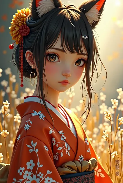 One Girl, kimono,Big black eyes,I am looking at you, Gold and silver Japanese silver grass,Signs of Autumn,
Sparkling eyes, Chest, Fox Ears, 