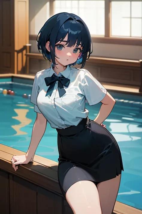 (Highest quality、4K、8k、High resolution、masterpiece: 1.2)、Very detailed、(Genuine、photoGenuineistic: 1.37)、Anime Style、high intensity lighting、Pool hall、Dark blue short hair、Rosy Cheeks、difficult, Round Hips、Curvy Hips、Thin lips、Appropriate attire for billia...