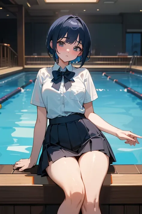 (Highest quality、4K、8k、High resolution、masterpiece: 1.2)、Very detailed、(Genuine、photoGenuineistic: 1.37)、Anime Style、high intensity lighting、Pool hall、Dark blue short hair、Rosy Cheeks、difficult, Round Hips、Curvy Hips、Thin lips、Appropriate attire for billia...