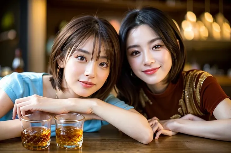 8k,Brown short hair,The best smile、Happy Smile、3、Age 34、Japanese actress,Super Beauty(Like the real thing),Short sleeve dress,Whiskey bottles、The Macallan、Johnnie Walker、、Old Parr、whiskey、Suntory、Nikka、Slim couple、Model Couple、(Realistic, Intricate details...