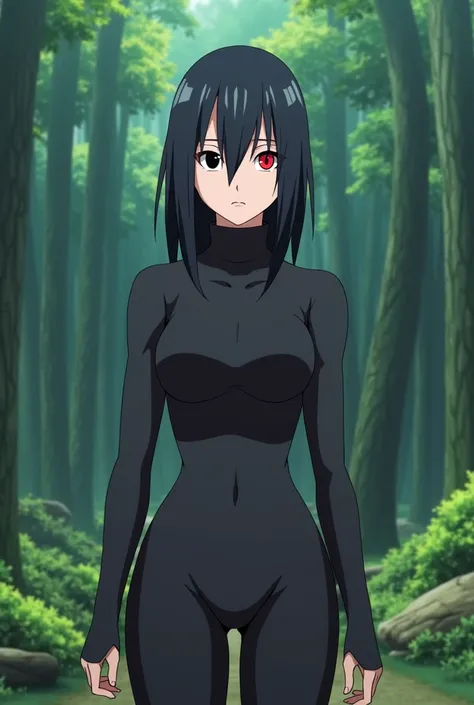 I want an image of “kushina uzumaki” from the Naruto shippuden anime with: black eyes and with one eye that has the rinegan, Black hair, sexy ninja costume outfit , forest landscape, Screenshot, season 4 of bones studio”