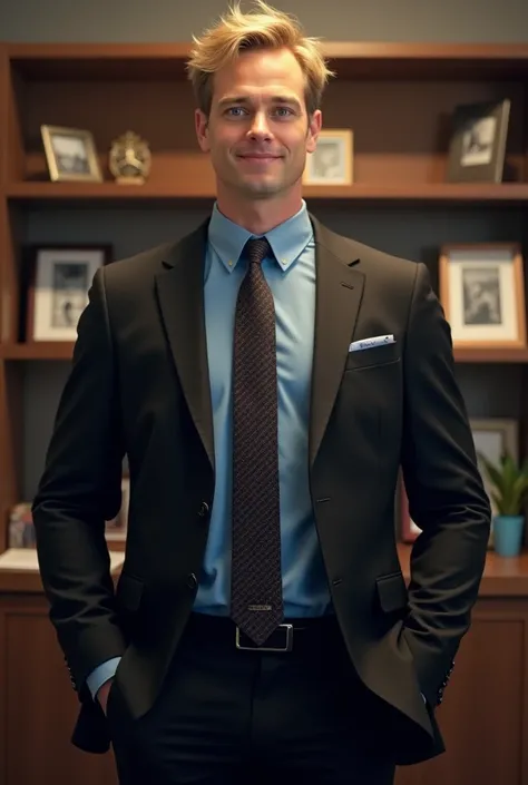 blond, short hair, Wearing a black suit，Dude，Unruly，With a blue shirt and patterned tie, Standing posture, indoor office environment, Shelves with photo frames and items in the background, Soft lighting above, Professional and formal atmosphere.