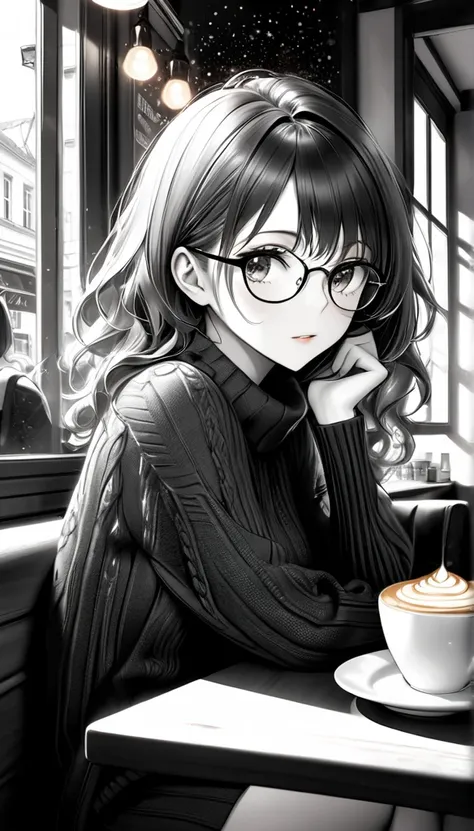 monochrome, pencil drawing, intelligent beautiful woman, glasses, sitting at a window seat in a cafe and reading a book, cappucc...