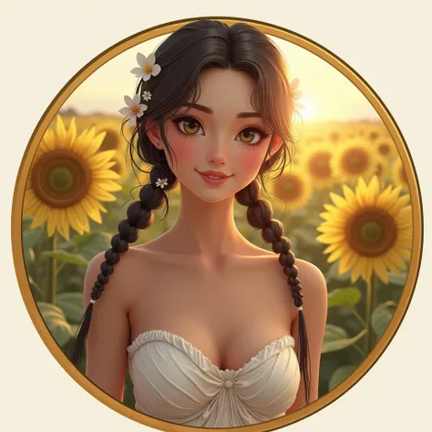 Circle logo, gold border, image in logo(((High quality、High accuracy、4K,8ก)))、one woman、smile、beautiful body、Be modest、braided hair、Flower Hair Ornaments、Strapless dress, random color、Low Twintails、beautiful collarbone、white skin、Sensitive skin、move、groan、...