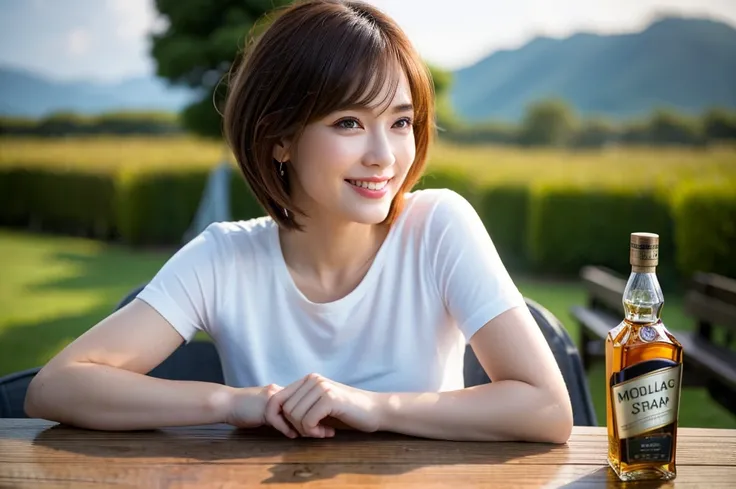 8k,Brown short hair,The best smile、Happy Smile、3、Age 34、Japanese actress,Super Beauty(Like the real thing),Short sleeve dress,Whiskey bottles、The Macallan、Johnnie Walker、、Old Parr、whiskey、Suntory、Nikka、Slim couple、Model Couple、(Realistic, Intricate details...