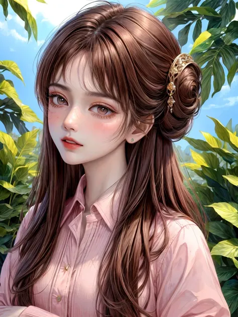 (masterpiece, best quality:1.2),illustration,8k,HD,1girl,solo,upper body,(portrait:1.2), brown_eyes,blush,bangs,brown_hair,breasts,very_long_hair,black_hair,collared_shirt,pink_shirt,long_sleeves,Blue_jacket,sleeves_past_wrists,sleeves_past_fingers,jewelry...