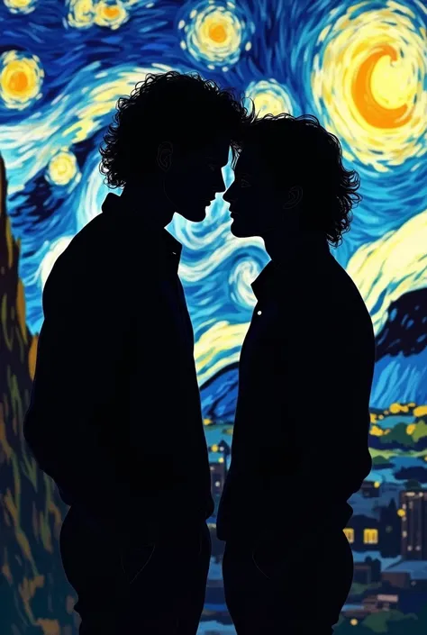 A picture of a gay couple, one with long curly hair and one with long straight hair with the background of vangoh&#39;s starry night the two men, without any beard and with clothes and both with black hair, that they look like silhouettes, both of the same...