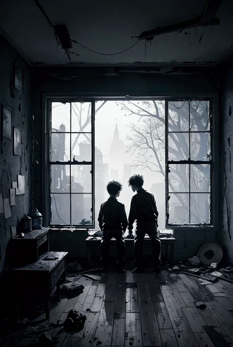 a dramatic scene, two young brothers sitting on an old bed in a sparse, dimly lit room, one brother holding a bird in his hands, moonlight from the window casting shadows on the wall, cold and gloomy atmosphere, old Soviet-era furniture, abandoned children...