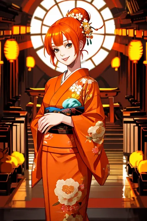 solo, Kimono Beauty,Orange Hair,Orange Kimono,Floral,
Bun Hair,smile,Shake your head,high resolution,shrine                